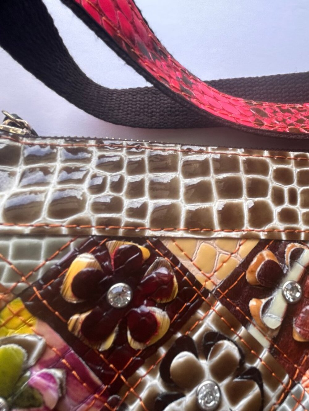 Boho Patchwork Floral Embossed Crossbody Bag | 3D Appliqué Flowers w/Rhinestone - Picture 12 of 15